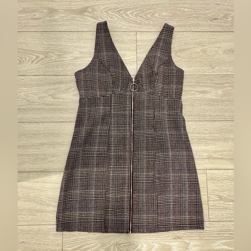 Plaid V-Neck Women's Zip Up Mini Dress